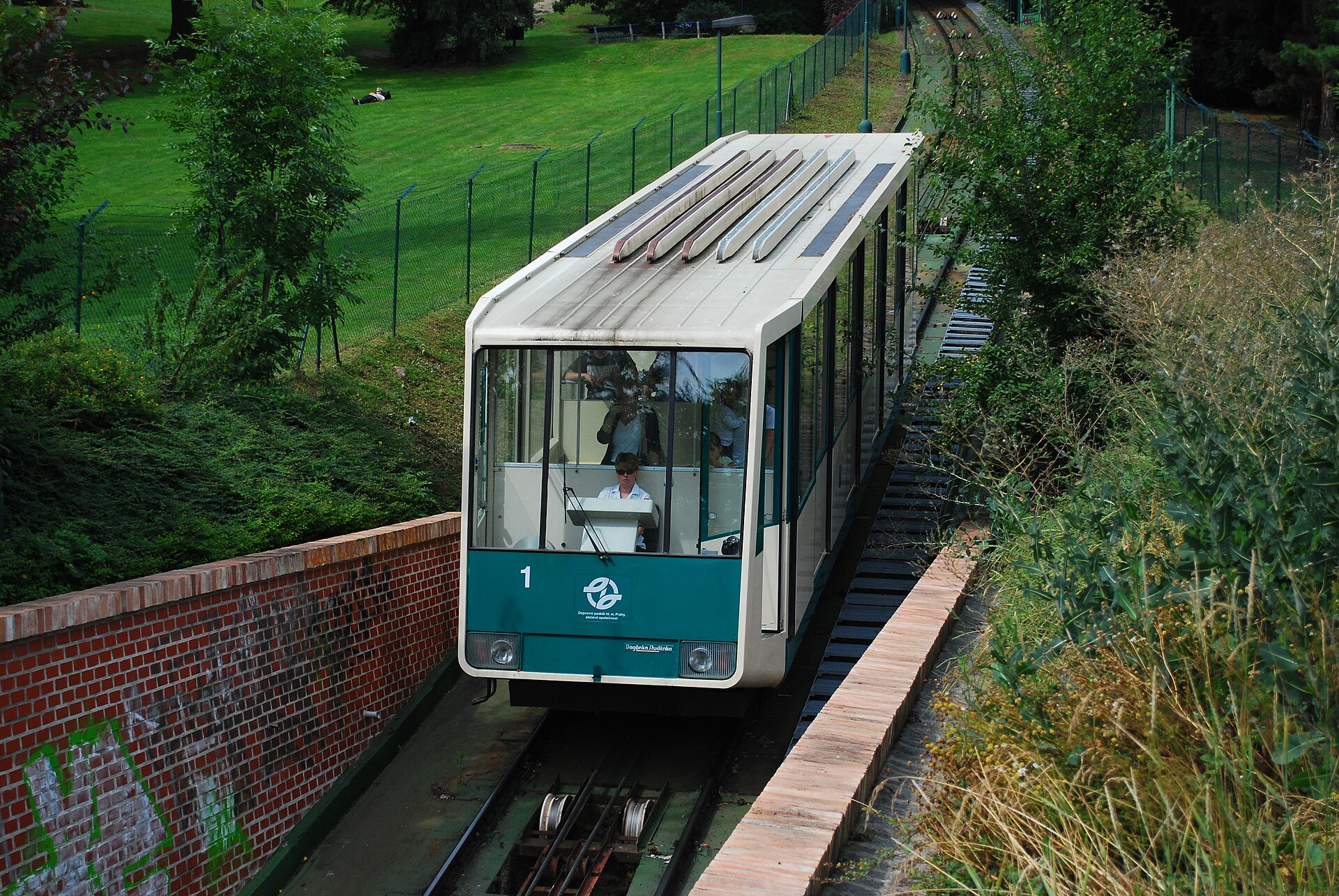 A Petřín funicular car on the hill